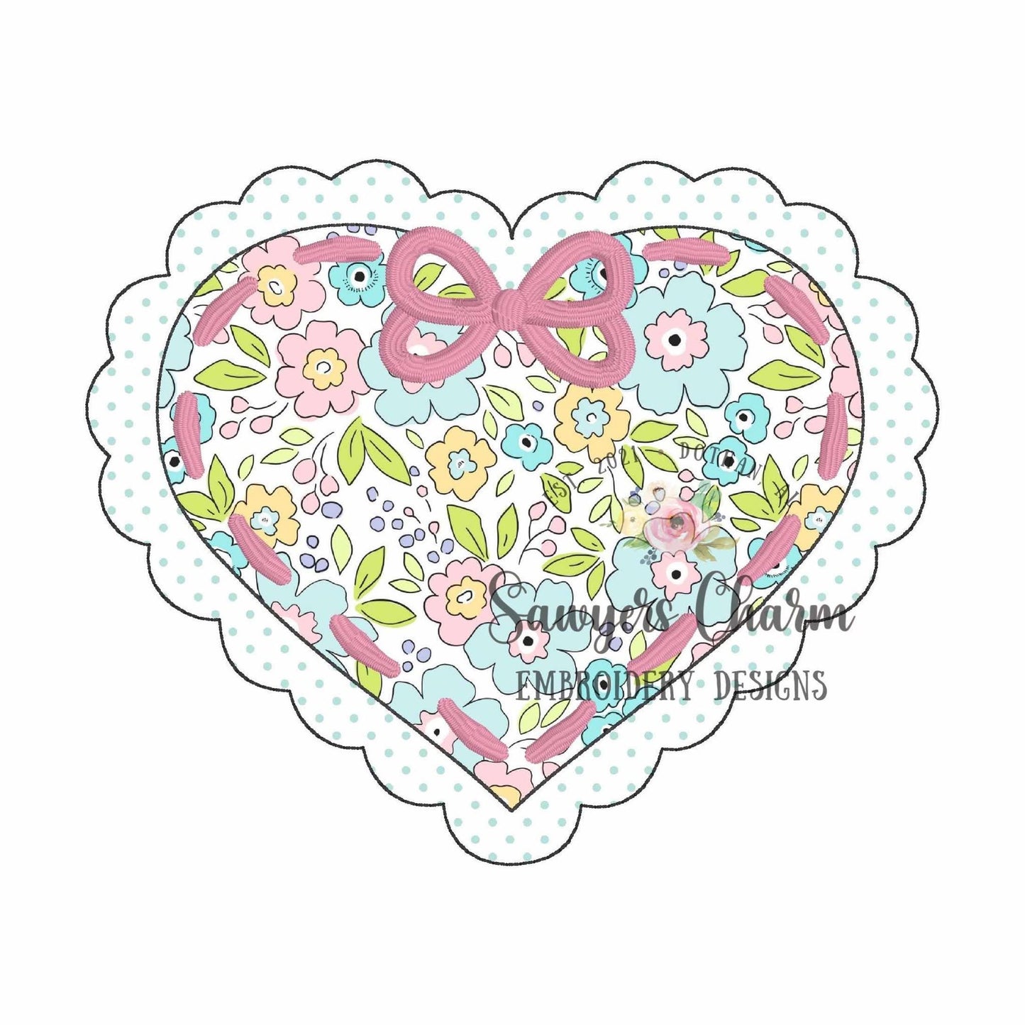 BUNDLE Valentine's Day scallop heart with laced ribbon bow bean & zigzag stitch machine applique embroidery design, love, XOXO, coquette