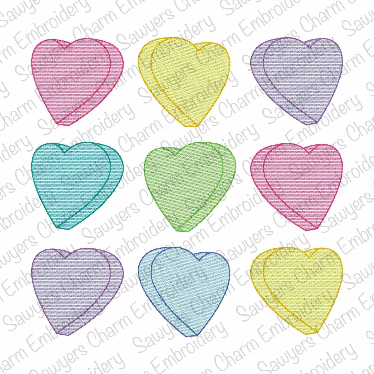Valentine's Day conversation candy hearts grid, sketch stitch machine embroidery design, love, XOXO, hugs and kisses, coquette, large sizes