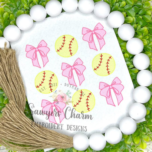 Coquette bows softball or baseball grid, sketch stitch machine embroidery design, quick stitch, spring sports, large sizes, player, fan