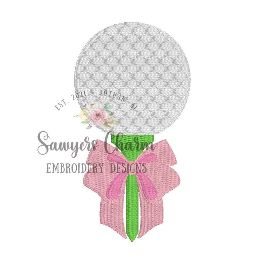 Mini filled Coquette bows golf ball on tee machine embroidery design, quick stitch, spring sports, perfect for monogram small sizes, masters