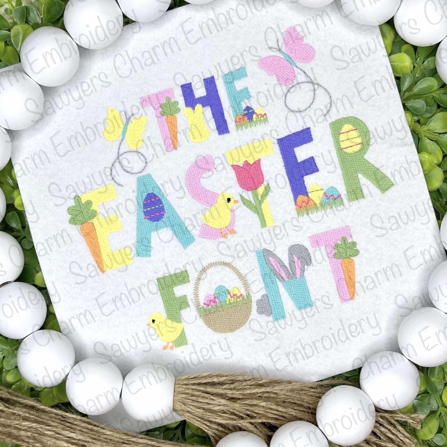 Easter/spring machine embroidery font fill stitch letters, chick, butterfly, carrot, bunny rabbit, eggs & basket, tulip flowers, BX included