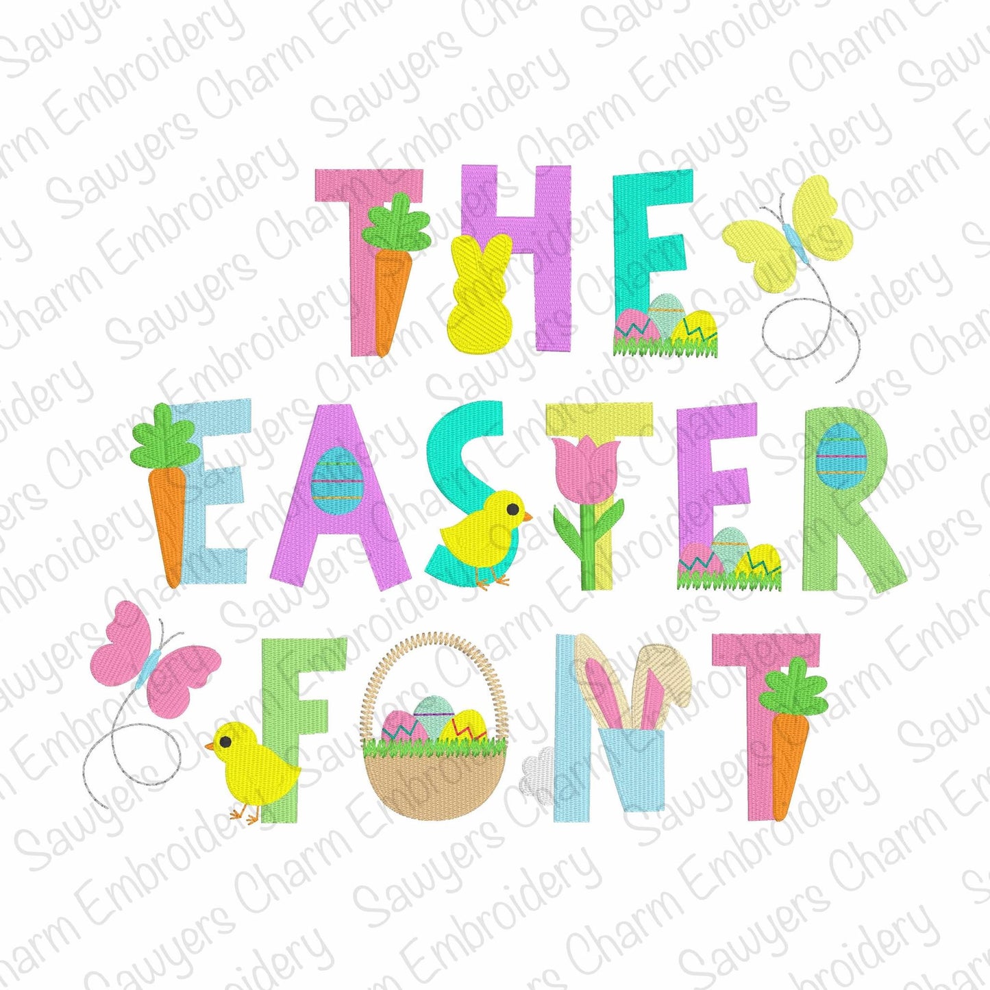 Easter/spring machine embroidery font fill stitch letters, chick, butterfly, carrot, bunny rabbit, eggs & basket, tulip flowers, BX included
