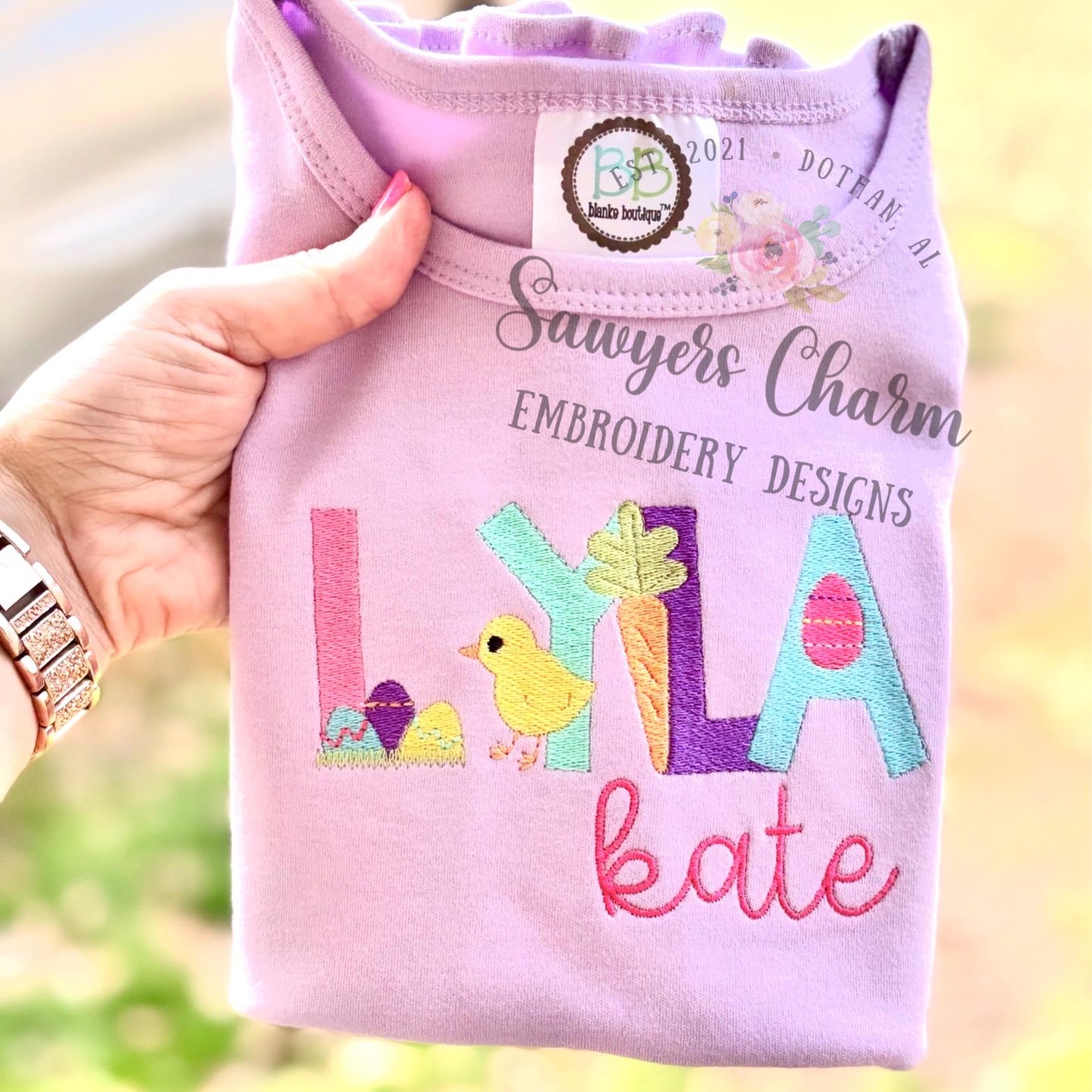Easter/spring machine embroidery font fill stitch letters, chick, butterfly, carrot, bunny rabbit, eggs & basket, tulip flowers, BX included