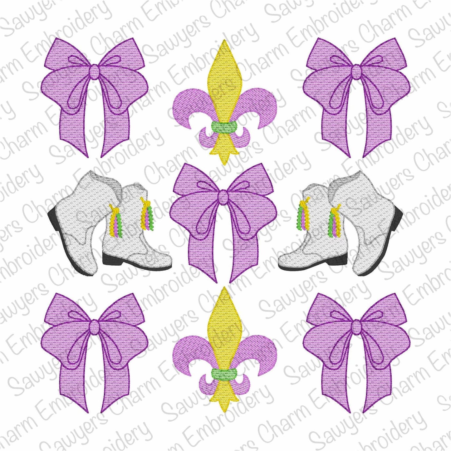 Coquette bows Mardi Gras grid, sketch stitch machine embroidery design, quick stitch, fleur de lis, majorette dance boots, large sizes