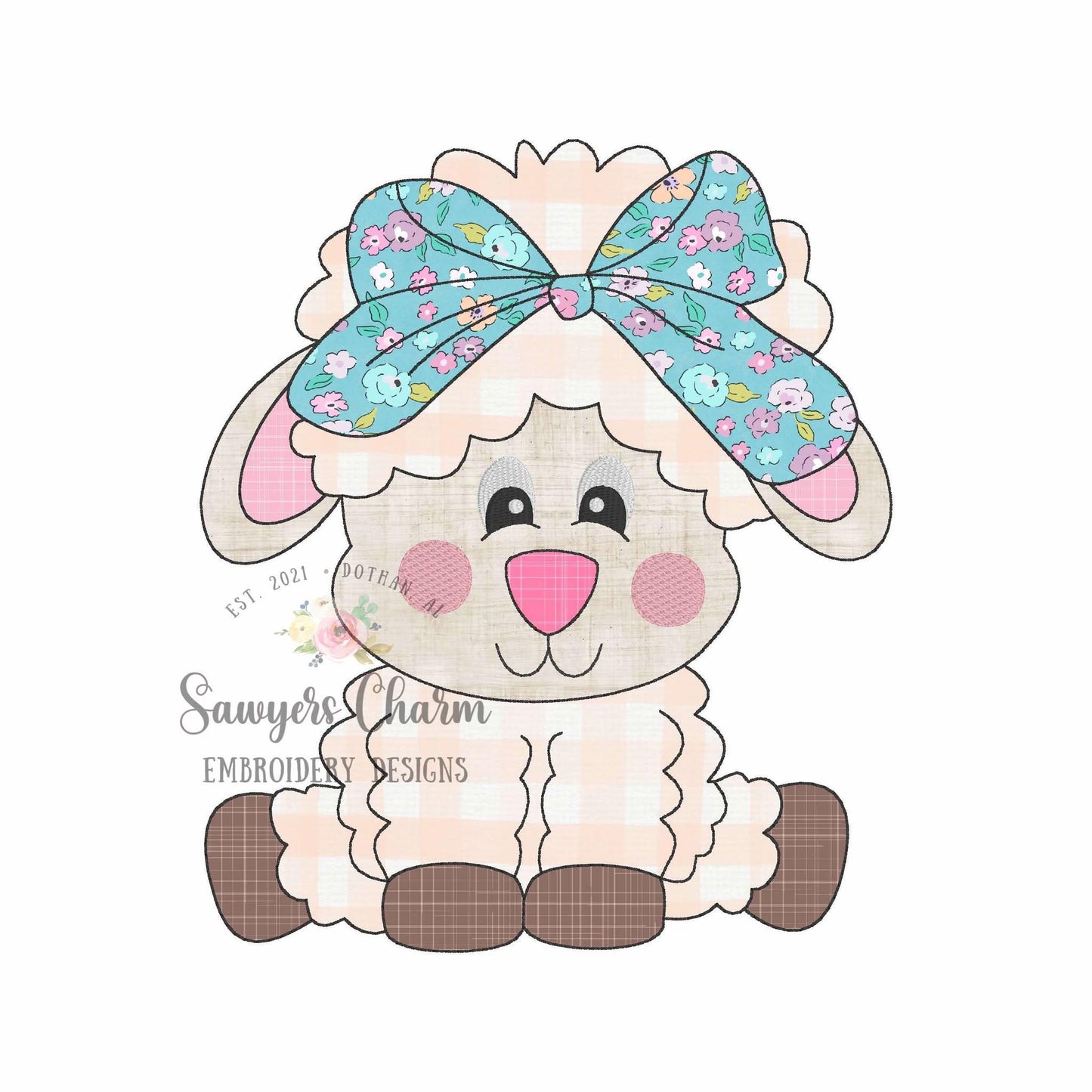 Sheep/lamb with coquette bow bean stitch machine applique embroidery design file, spring farm animal, quick stitch, Easter