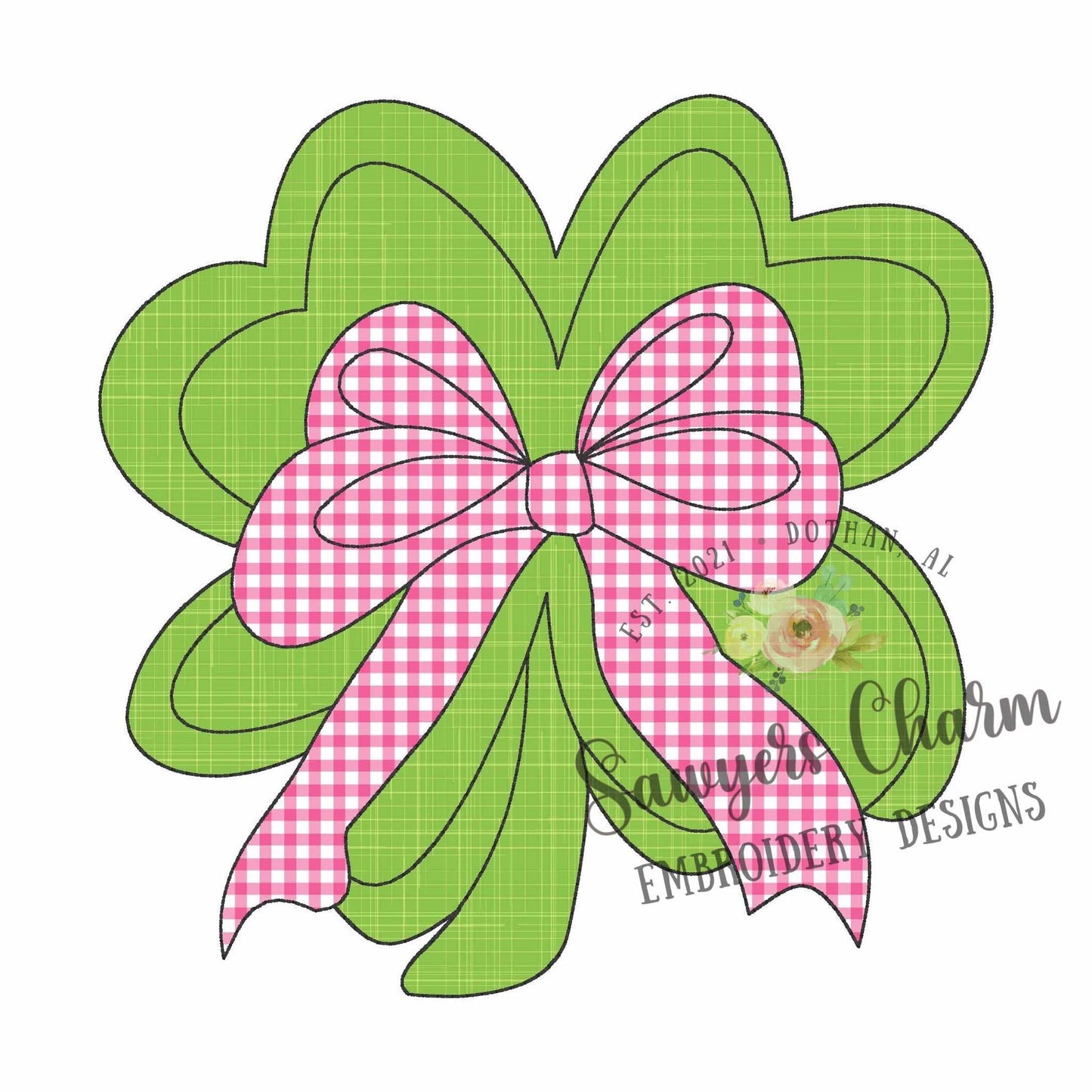 Coquette four leaf clover with bow bean stitch machine applique embroidery design, quick stitch, St. Patrick's Day, good luck charm shamrock