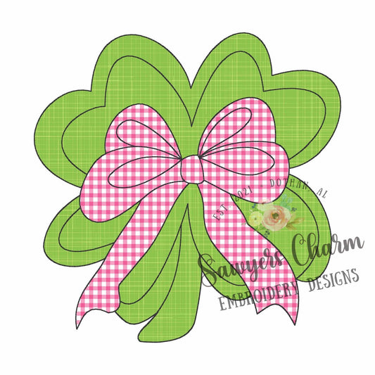 Coquette four leaf clover with bow bean stitch machine applique embroidery design, quick stitch, St. Patrick's Day, good luck charm shamrock