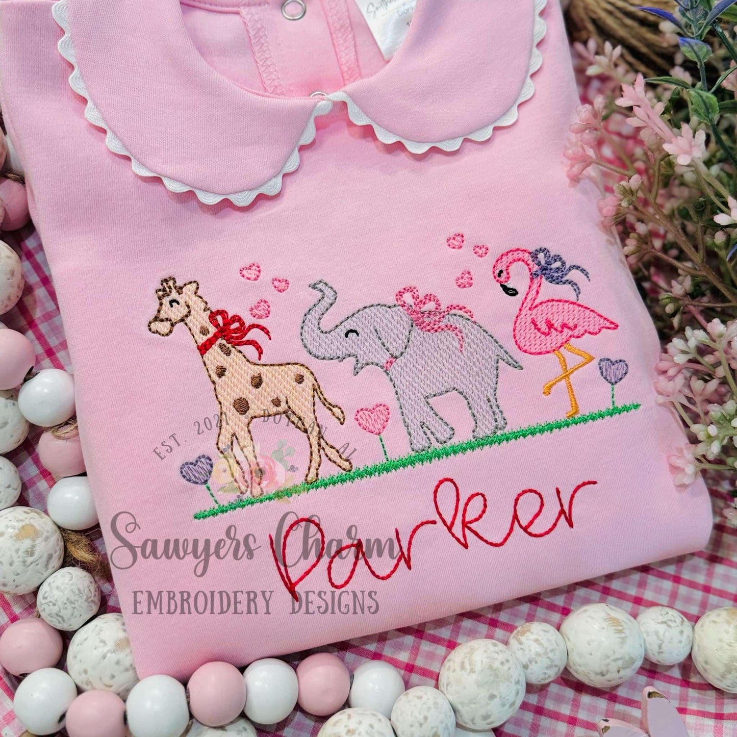 BUNDLE Zoo/jungle/safari animals and hearts with & without bows sketch stitch trio, machine embroidery design file giraffe/elephant/flamingo
