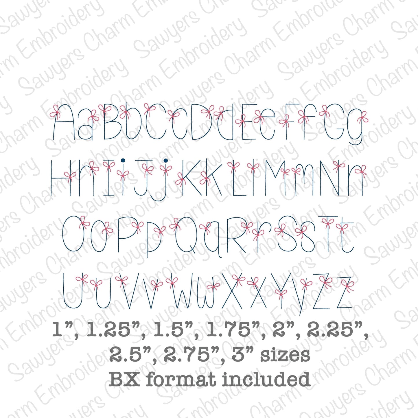 Bean Bow Bean stitch machine embroidery font, lower & uppercase letters, 9 sizes, BX included, perfect for monograms, quick stitch, coquette