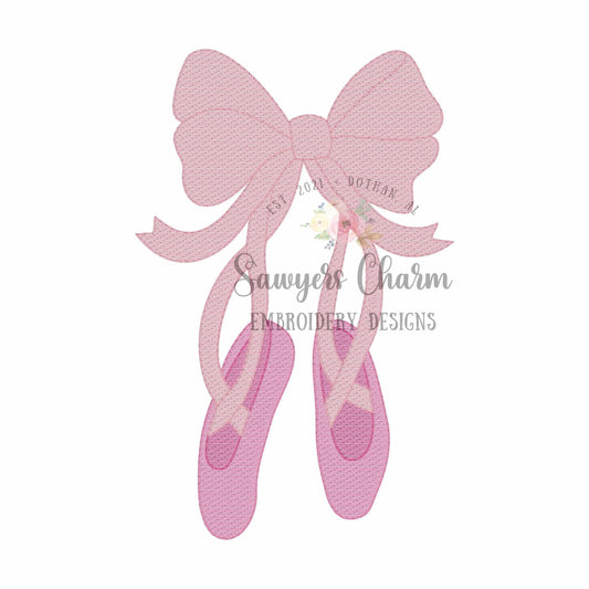 Ballet slippers with bow sketch stitch machine embroidery design, quick stitch, coquette, ballerina pointe shoes, dance, ribbons