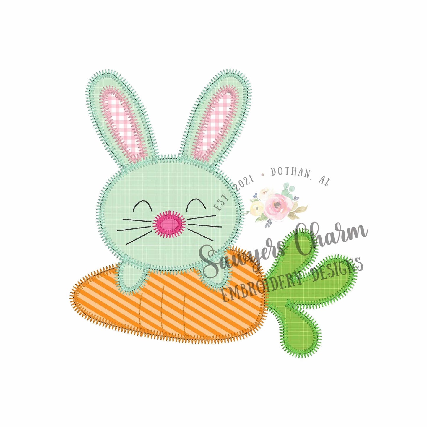 BUNDLE Bunny rabbit with carrot with/without bow bean & zig zag stitch machine applique embroidery design, Easter, spring garden, coquette