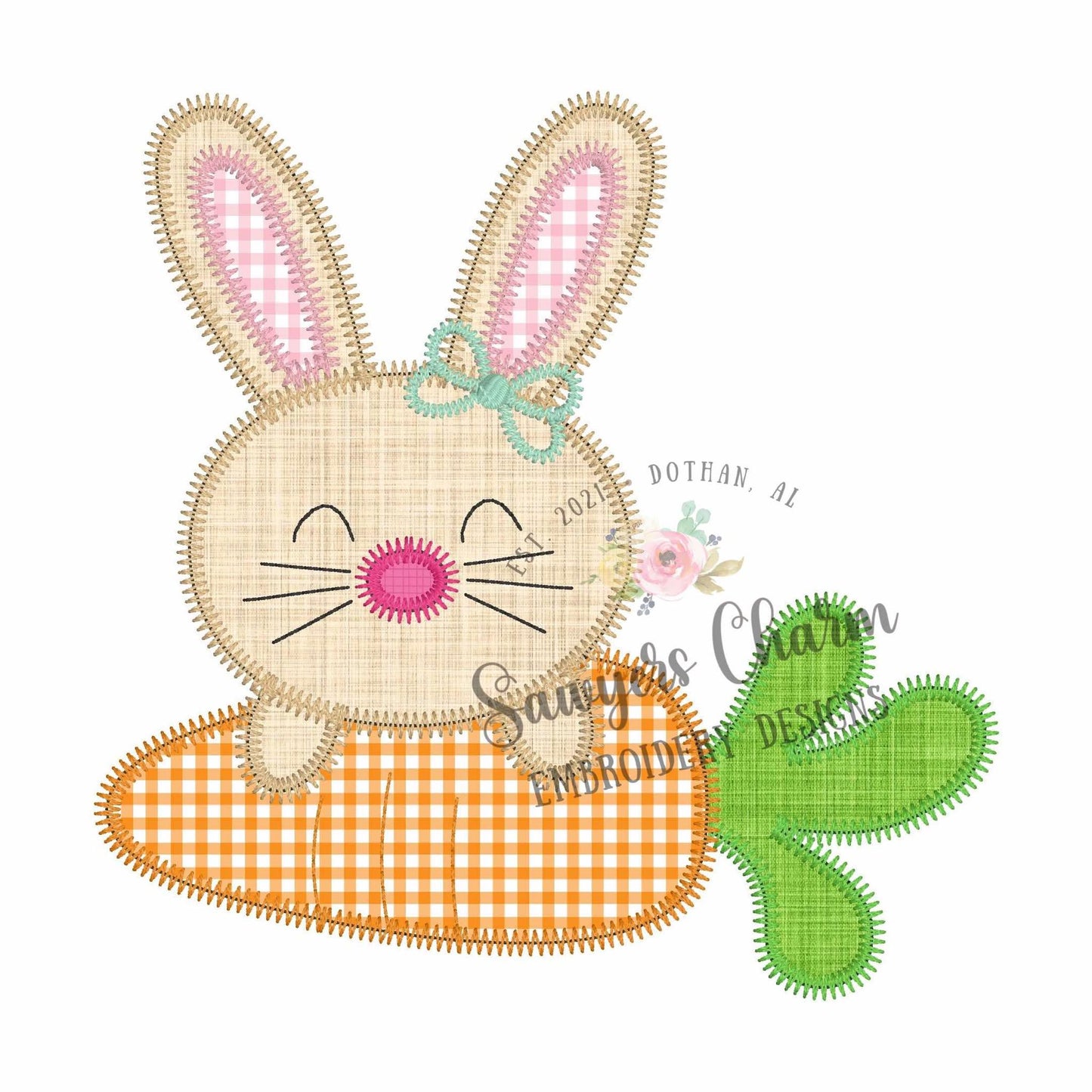 BUNDLE Bunny rabbit with carrot with/without bow bean & zig zag stitch machine applique embroidery design, Easter, spring garden, coquette