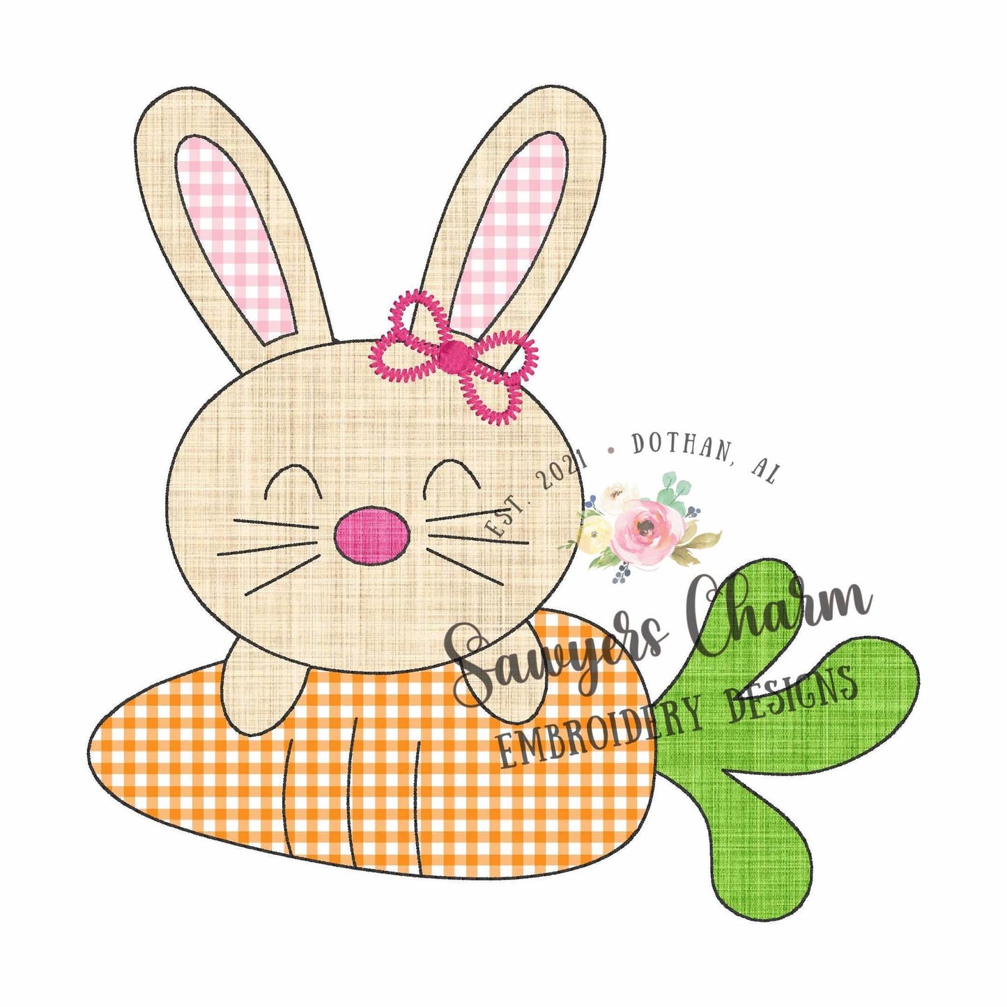 BUNDLE Bunny rabbit with carrot with/without bow bean & zig zag stitch machine applique embroidery design, Easter, spring garden, coquette