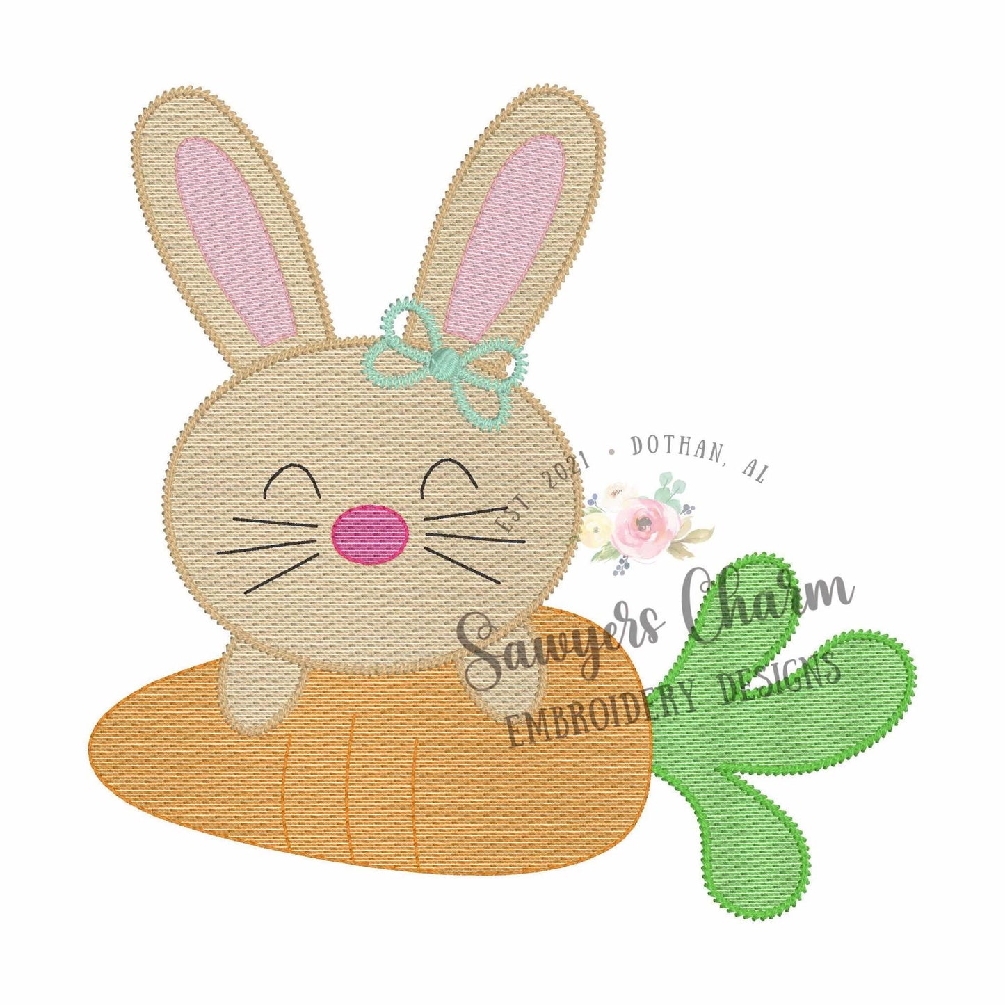 Bunny rabbit with carrot with/without bow light fill sketch stitch machine embroidery design file, Easter, spring garden, coquette