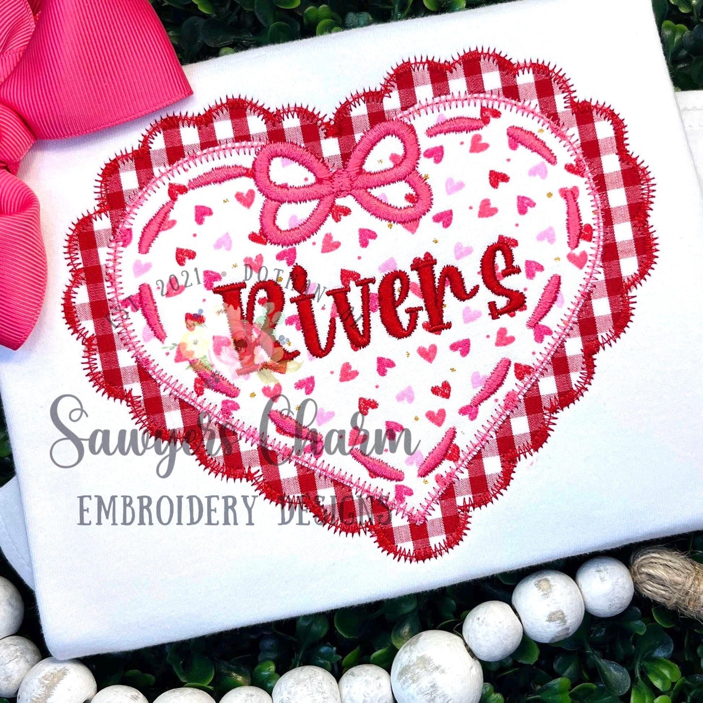 BUNDLE Valentine's Day scallop heart with laced ribbon bow bean & zigzag stitch machine applique embroidery design, love, XOXO, coquette