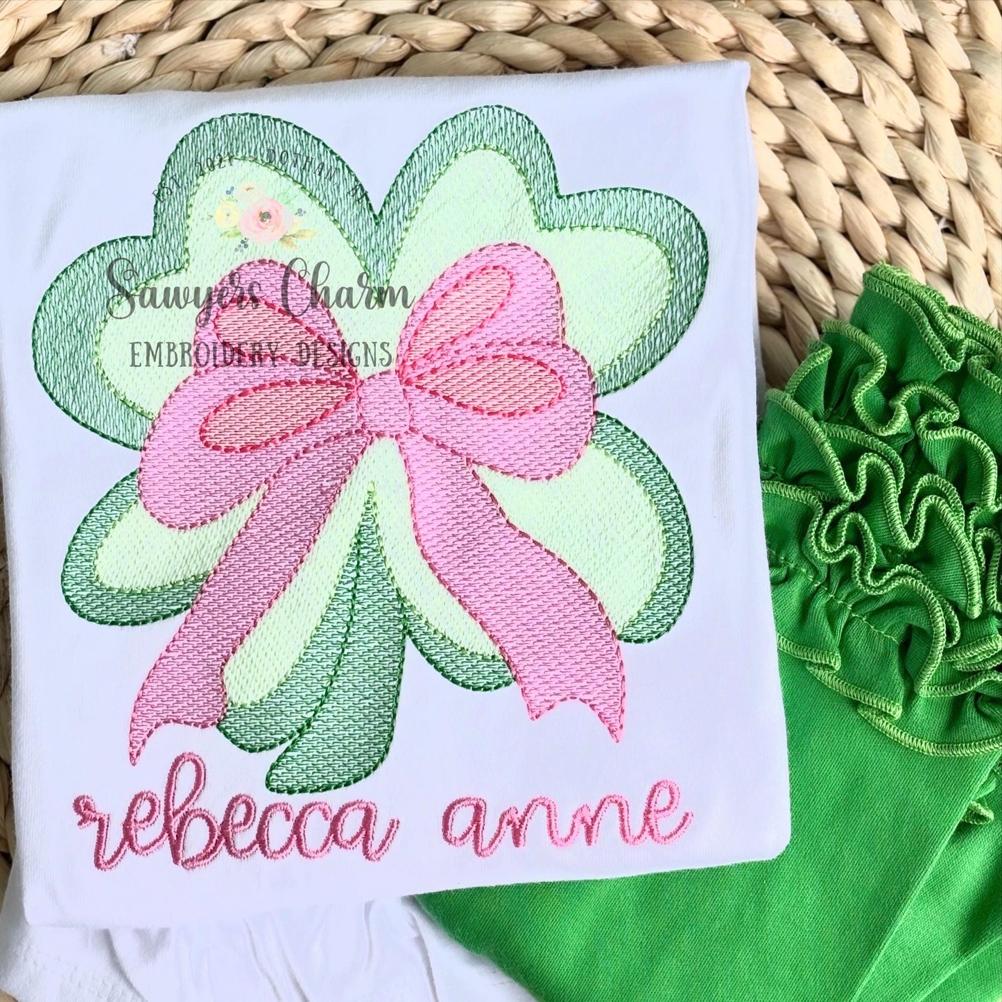 Coquette four leaf clover with bow sketch stitch machine embroidery design, quick stitch, St. Patrick's Day, good luck charm, shamrock