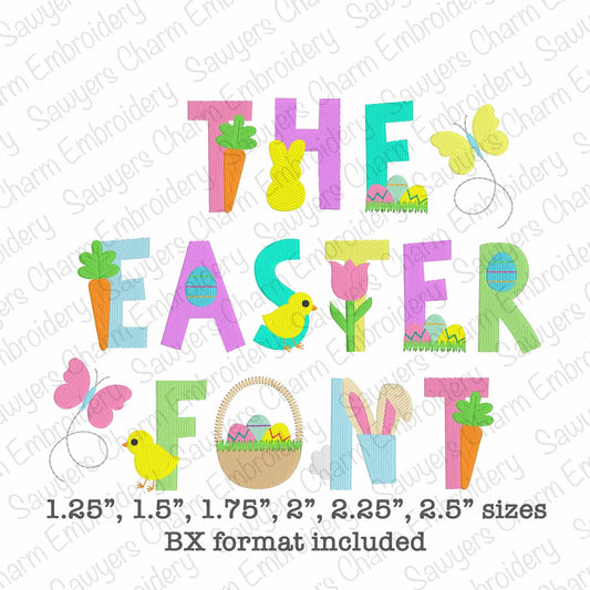 Easter/spring machine embroidery font fill stitch letters, chick, butterfly, carrot, bunny rabbit, eggs & basket, tulip flowers, BX included