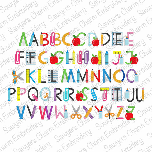 School Days machine embroidery font, satin & fill stitch letters, BX included, notebook paper, pencil, crayons, apple, worm, books, scissors