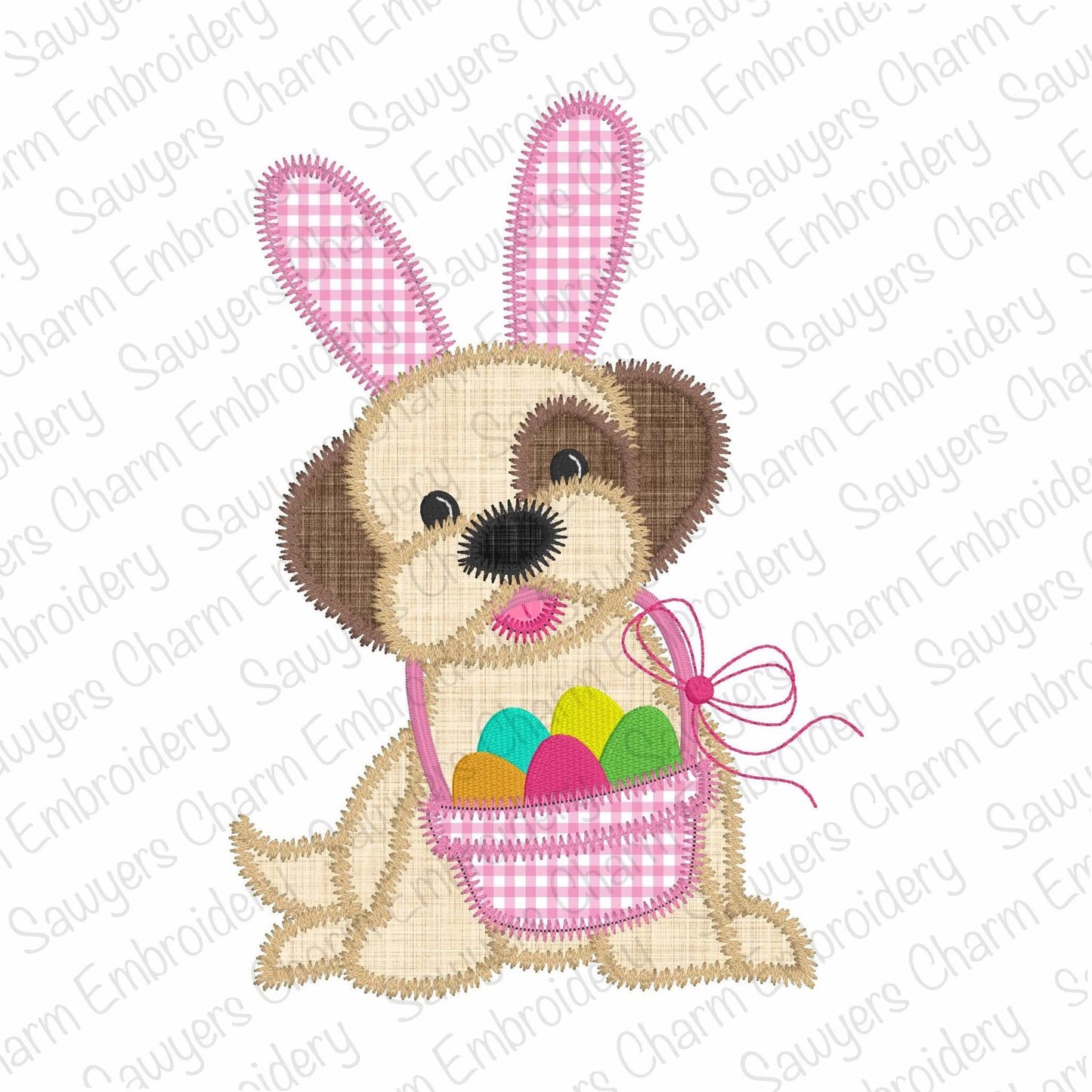 BUNDLE Easter dog/puppy with basket of eggs & bunny ears zigzag stitch machine applique embroidery design, spring, with/without coquette bow