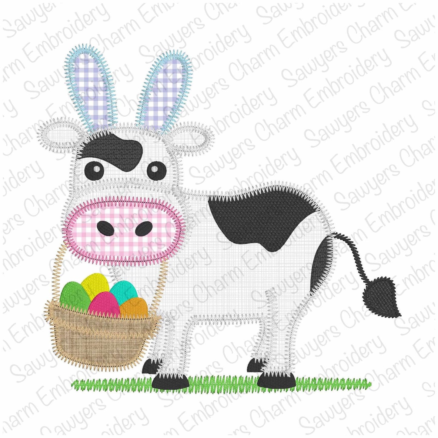 BUNDLE Easter cow with basket of eggs & bunny ears zigzag stitch machine applique embroidery design, spring, with/without coquette bow