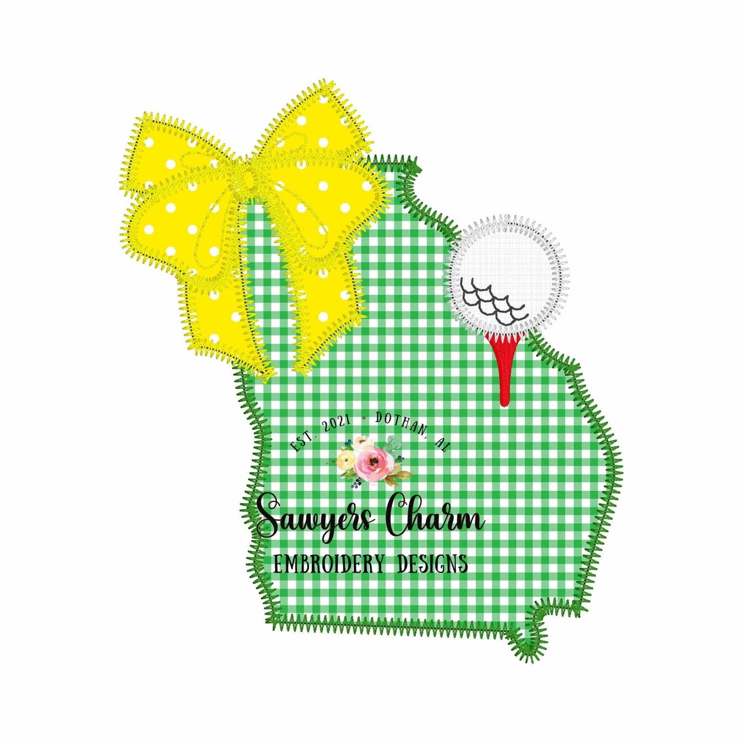 BUNDLE Georgia state with coquette bow & golf ball on tee, bean and zigzag stitch machine applique, embroidery design, spring sports masters