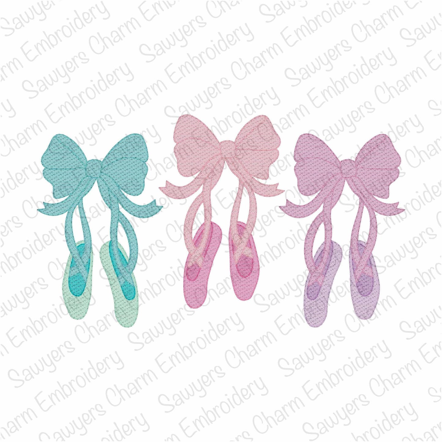 Ballet slippers with bows trio, sketch stitch machine embroidery design, quick stitch, coquette, ballerina pointe shoes, dance, ribbons