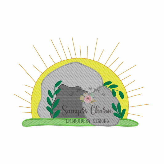 Empty tomb with sunrise & vines sketch stitch machine embroidery design file, Easter Sunday, resurrection day, Jesus, spring, He is risen