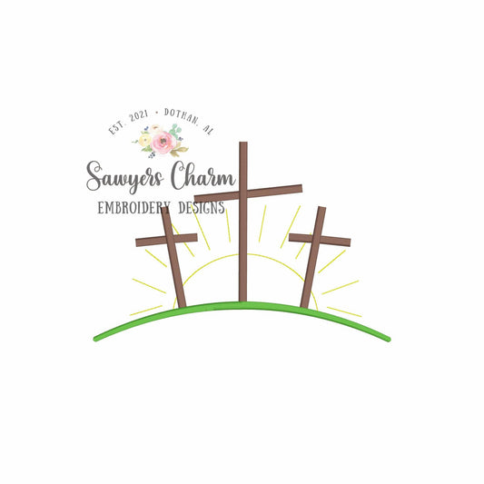 Cross trio with sunrise on hill, satin stitch machine embroidery design file, Easter Sunday, resurrection day, Jesus, spring, He is risen