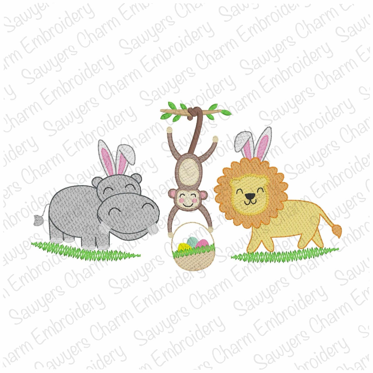Easter Zoo/jungle/safari animals with bunny ears & basket of eggs sketch stitch trio, machine embroidery design, hippo, monkey on vine, lion