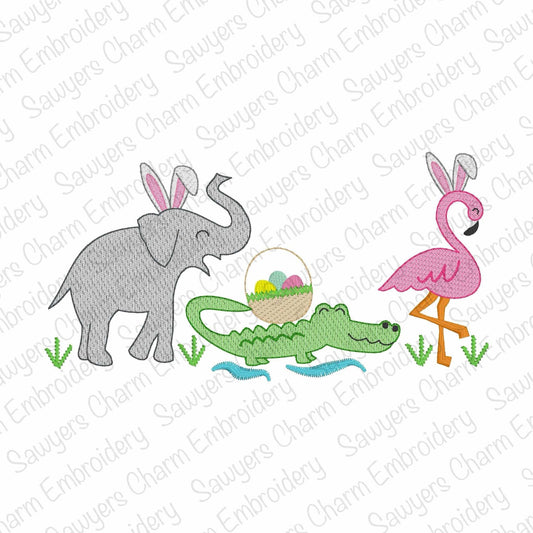 Easter Zoo/jungle/safari animals, bunny ears & basket of eggs sketch stitch trio, machine embroidery design, elephant, alligator, flamingo