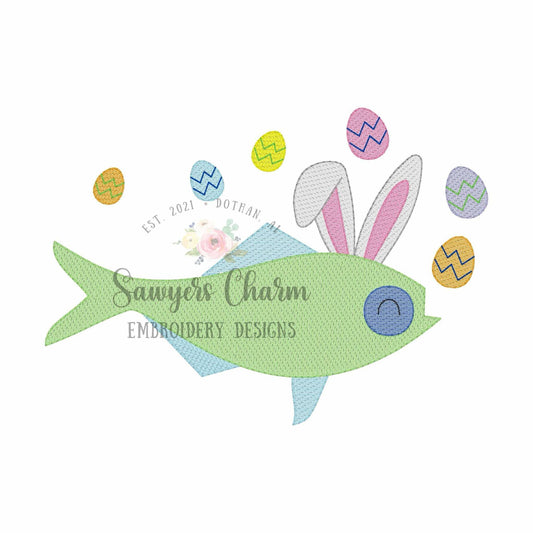 BUNDLE Easter fish with bunny rabbit ears & egg bubbles sketch stitch machine embroidery design, with/without coquette bow, fishing, spring