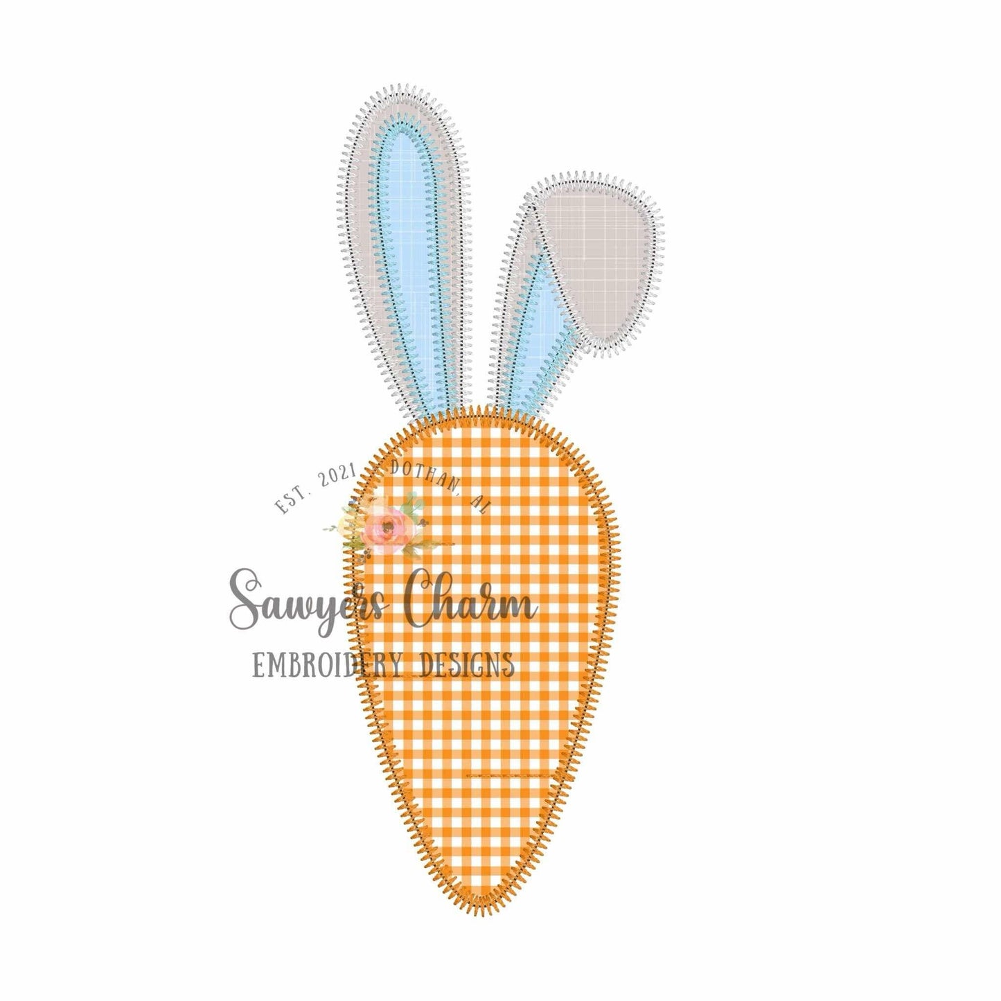 BUNDLE Carrot with bunny rabbit ears, with/without coquette bow, bean & zig zag stitch machine applique embroidery design, spring garden