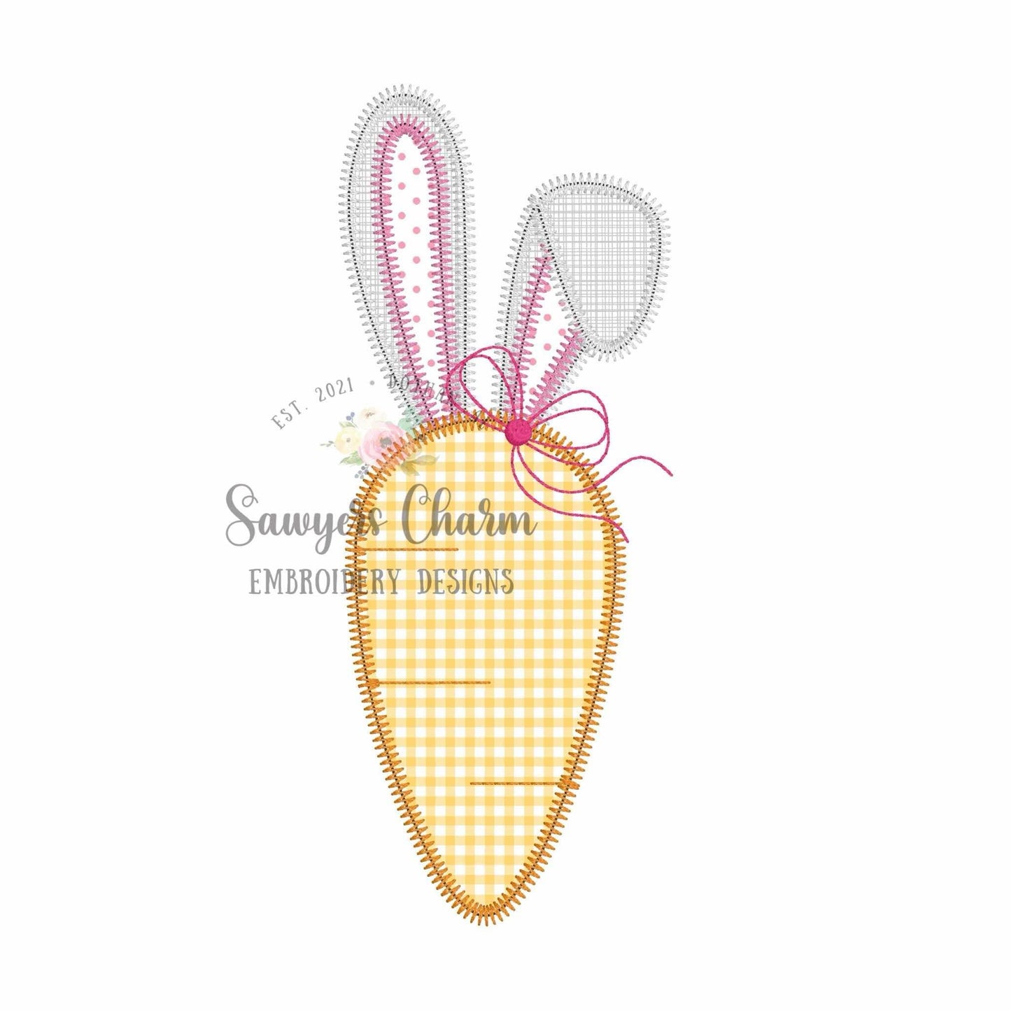 BUNDLE Carrot with bunny rabbit ears, with/without coquette bow, bean & zig zag stitch machine applique embroidery design, spring garden