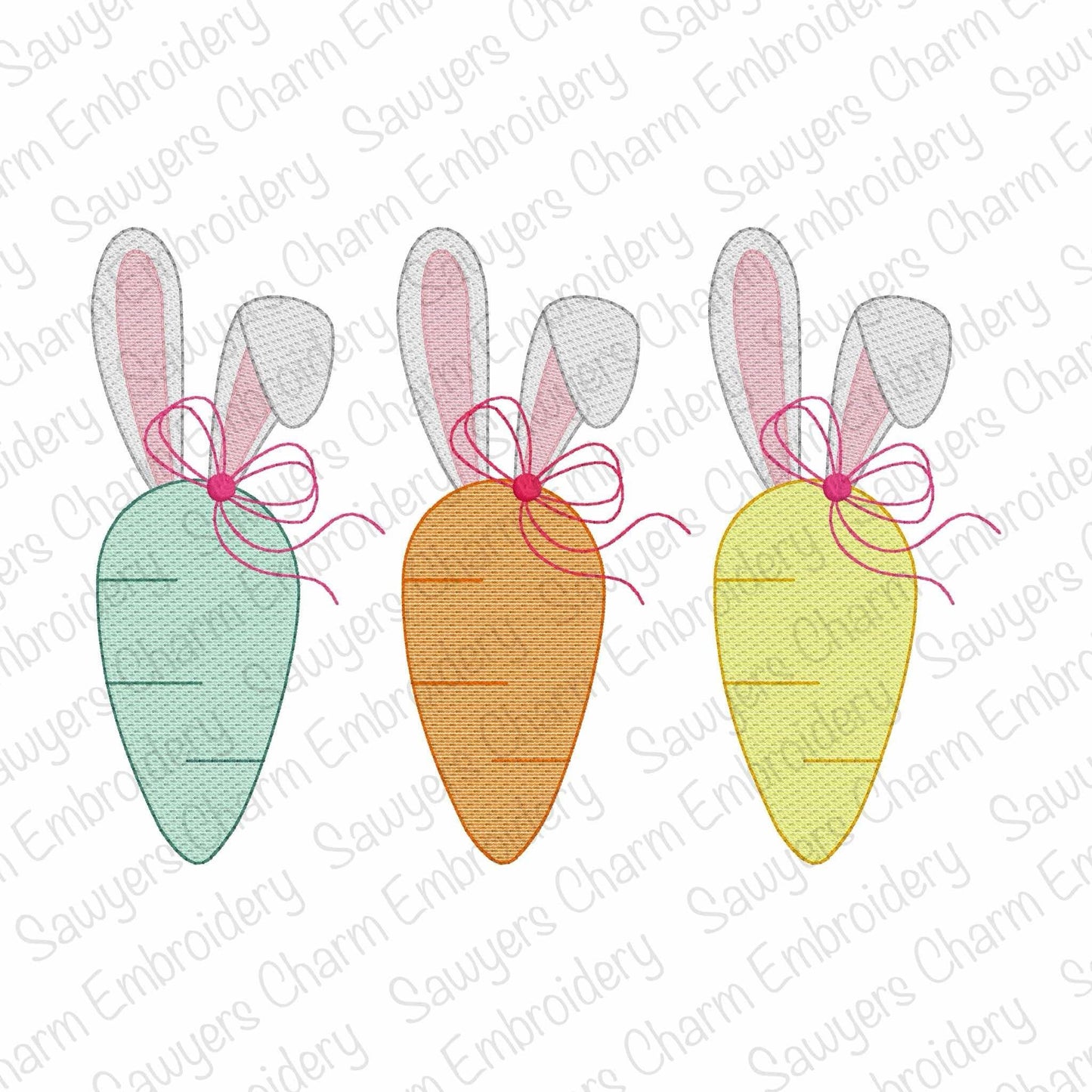 BUNDLE Carrot with bunny rabbit ears sketch stitch trio, with/without coquette bows, machine embroidery design, spring garden, Easter