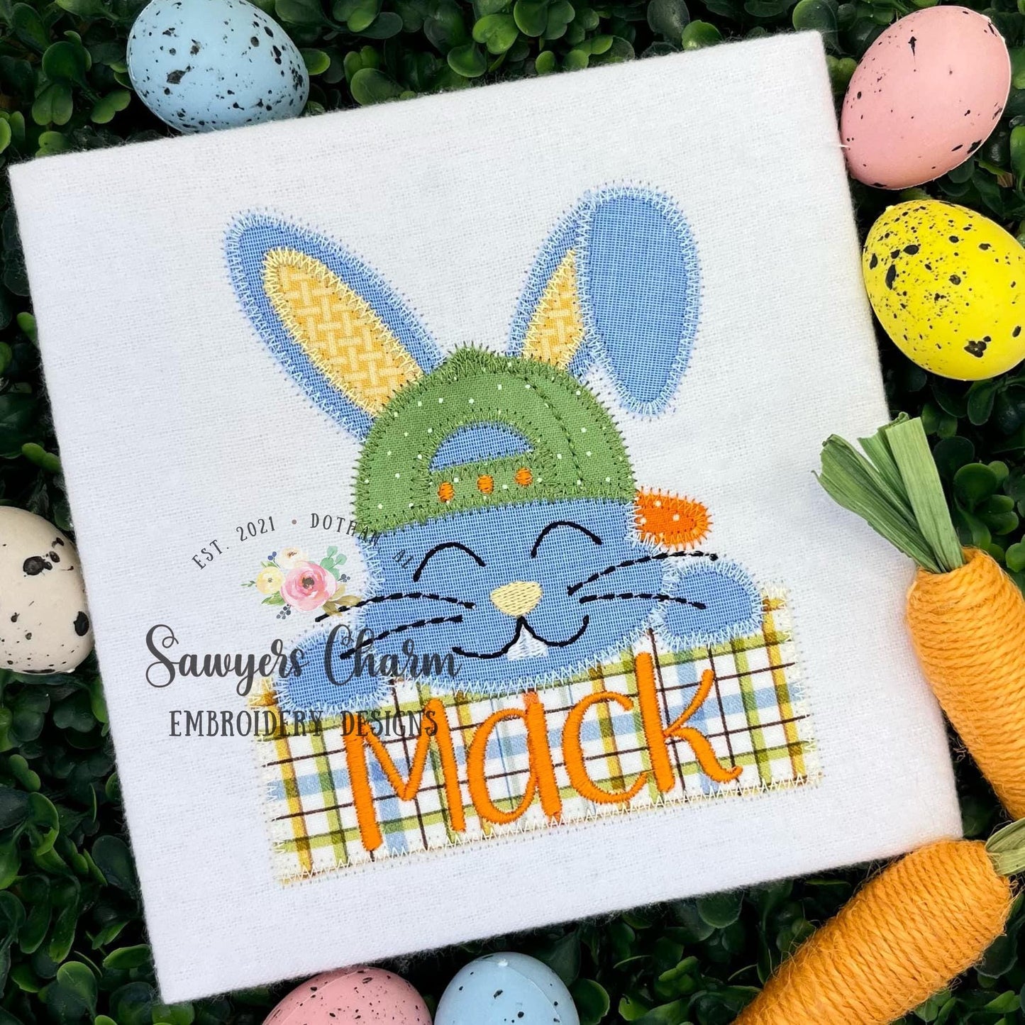 BUNDLE Bunny rabbit and baseball cap/hat with name plate bean & zigzag stitch machine applique embroidery design, quick stitch Easter Spring