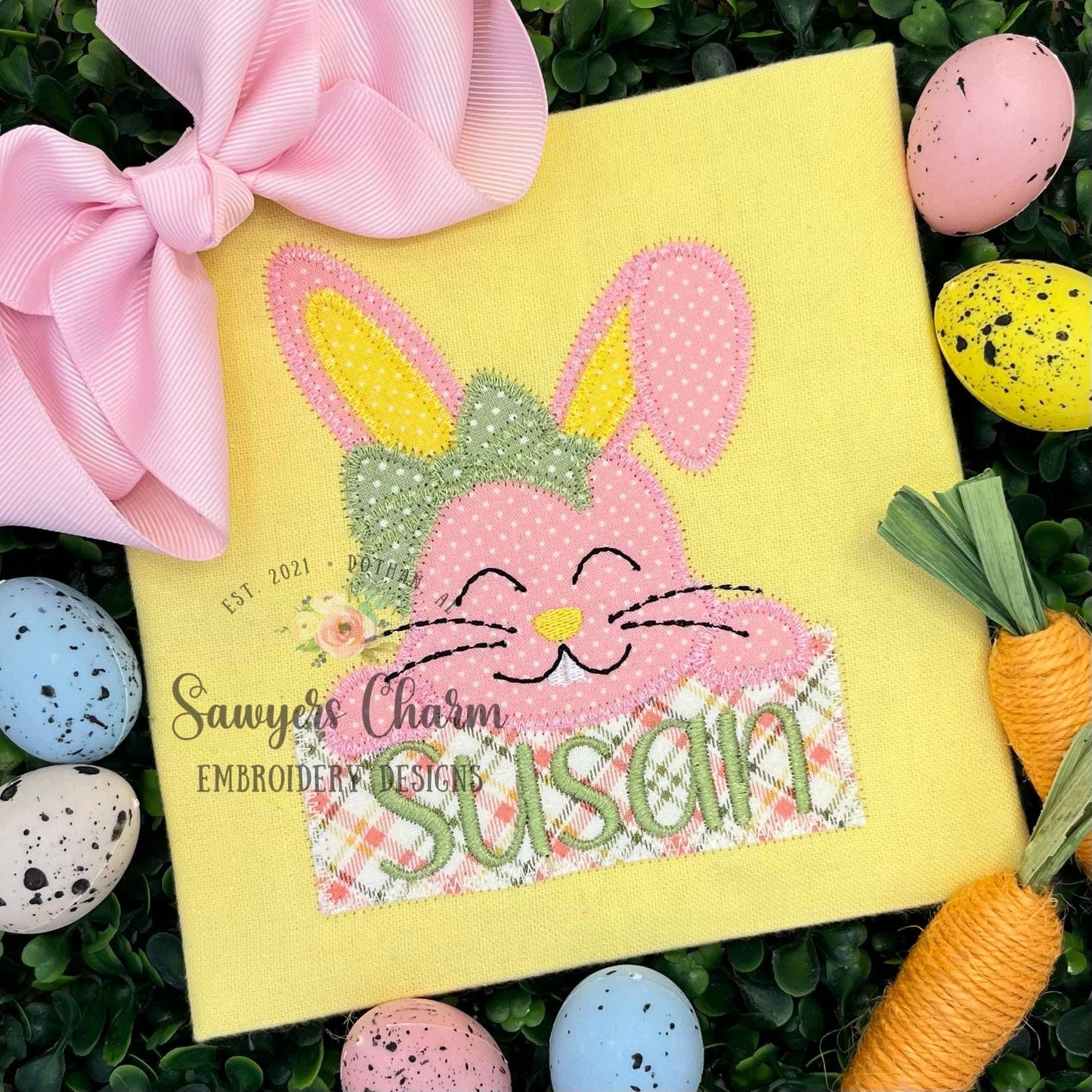 BUNDLE Bunny rabbit with coquette bow and name plate bean & zigzag stitch machine applique embroidery design, quick stitch, Easter, Spring