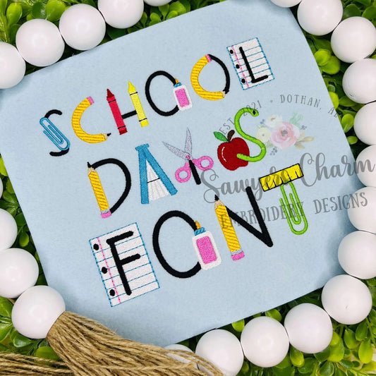 School Days machine embroidery font, satin & fill stitch letters, BX included, notebook paper, pencil, crayons, apple, worm, books, scissors