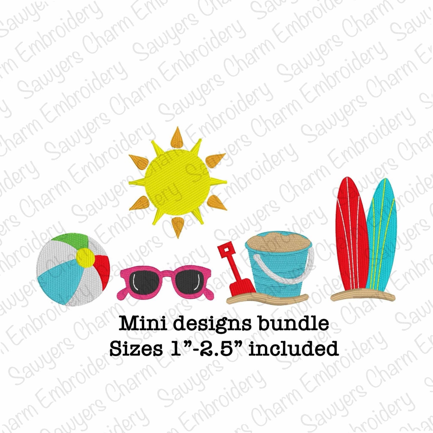 BUNDLE Mini fill summer beach ball, surf boards, sunglasses, sunshine, sand pail & bucket machine embroidery designs, beach, lake, ocean