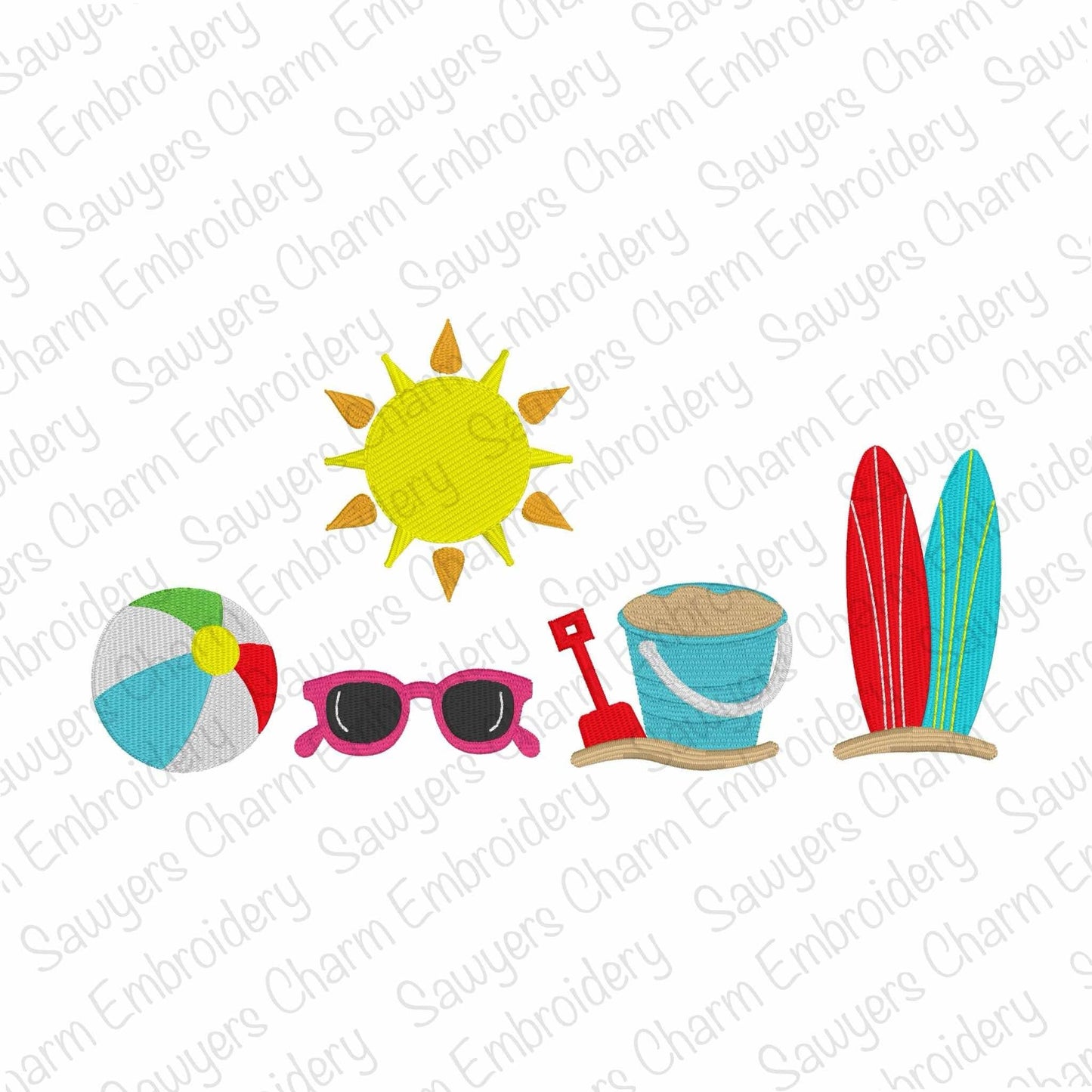 BUNDLE Mini fill summer beach ball, surf boards, sunglasses, sunshine, sand pail & bucket machine embroidery designs, beach, lake, ocean