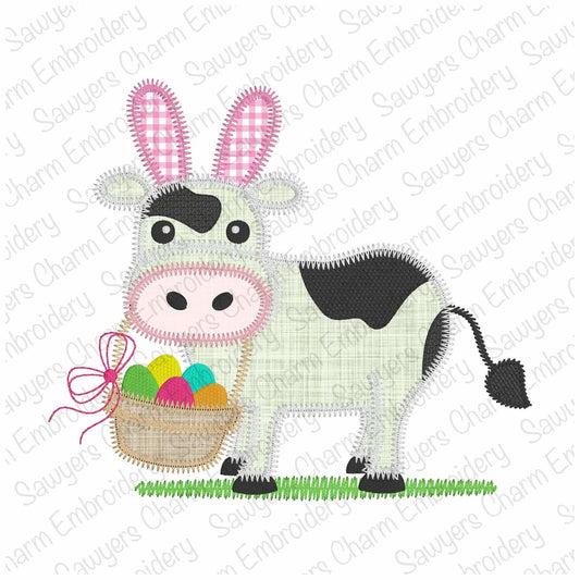 BUNDLE Easter cow with basket of eggs & bunny ears zigzag stitch machine applique embroidery design, spring, with/without coquette bow