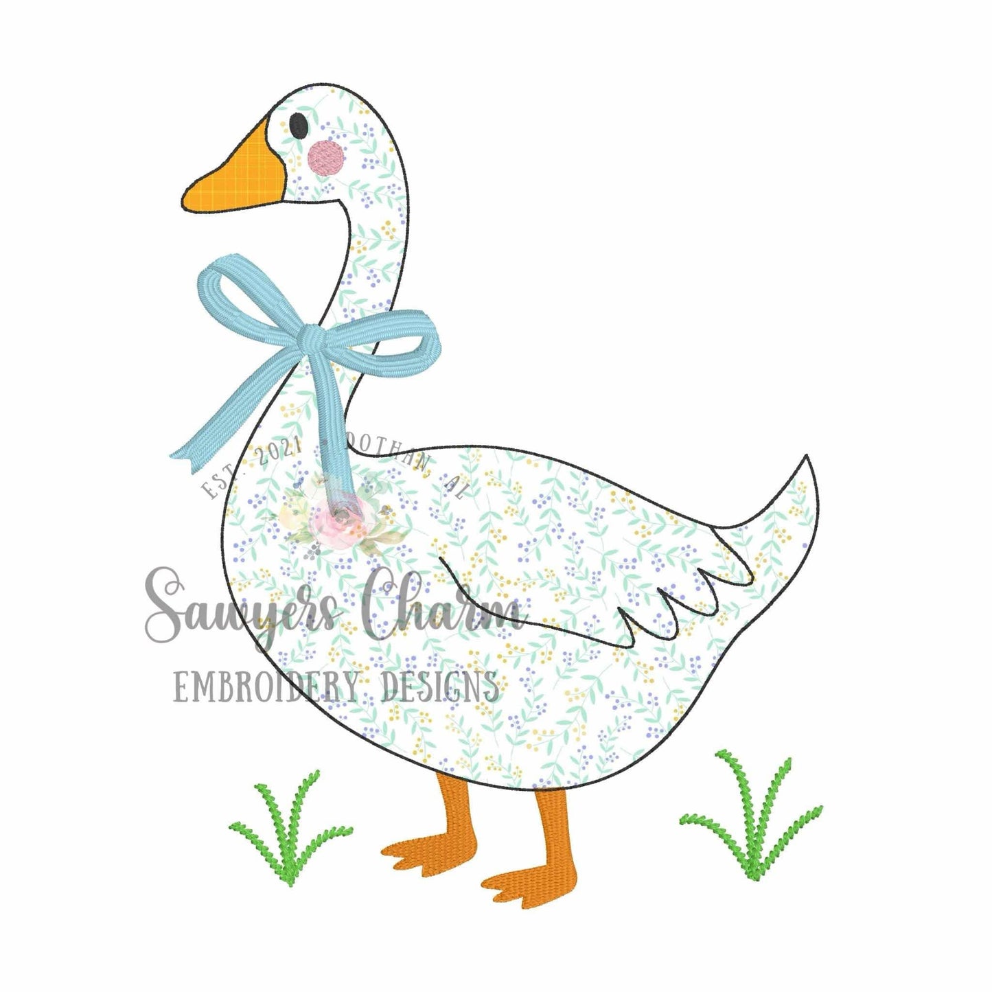 BUNDLE Coquette goose with bow bean & zigzag stitch machine applique embroidery design file, spring farm animal, quick stitch, Easter, duck