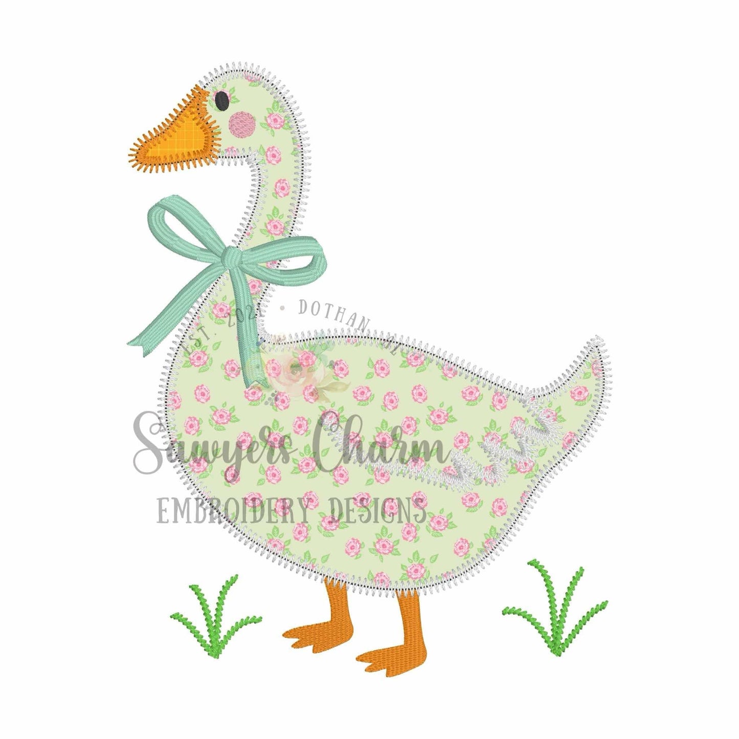 BUNDLE Coquette goose with bow bean & zigzag stitch machine applique embroidery design file, spring farm animal, quick stitch, Easter, duck