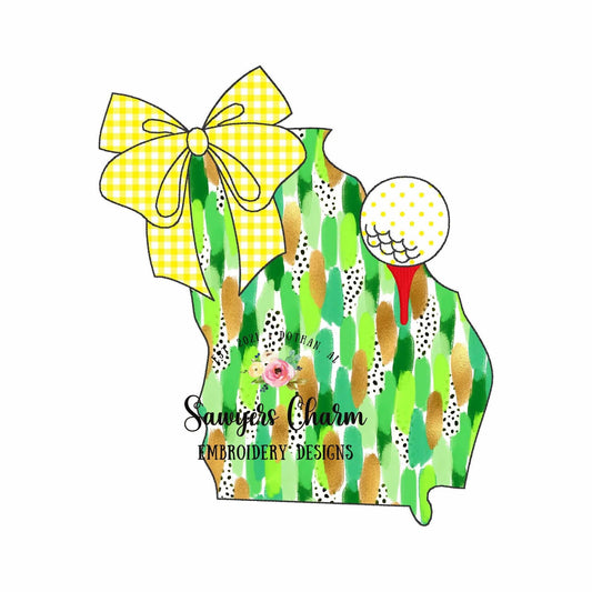 BUNDLE Georgia state with coquette bow & golf ball on tee, bean and zigzag stitch machine applique, embroidery design, spring sports masters