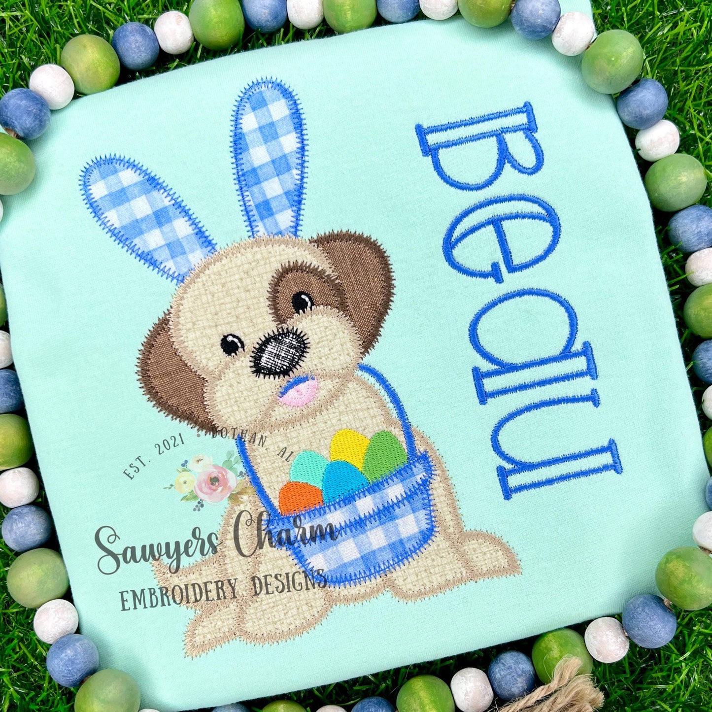 BUNDLE Easter dog/puppy with basket of eggs & bunny ears zigzag stitch machine applique embroidery design, spring, with/without coquette bow