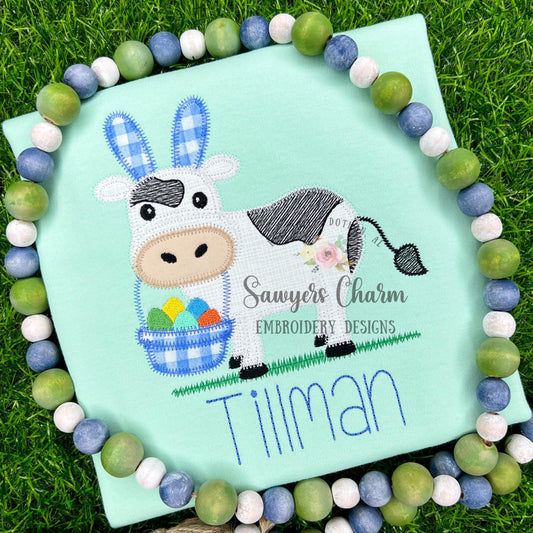 BUNDLE Easter cow with basket of eggs & bunny ears zigzag stitch machine applique embroidery design, spring, with/without coquette bow