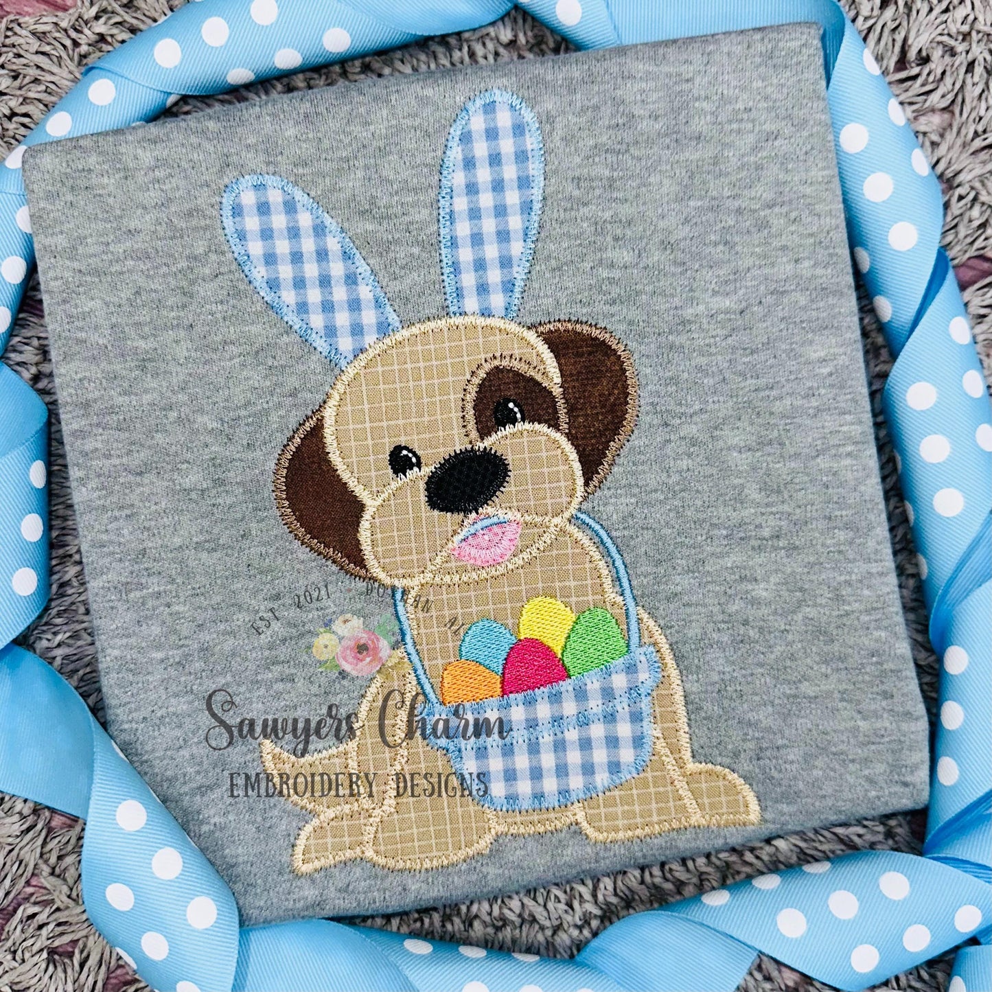BUNDLE Easter dog/puppy with basket of eggs & bunny ears zigzag stitch machine applique embroidery design, spring, with/without coquette bow