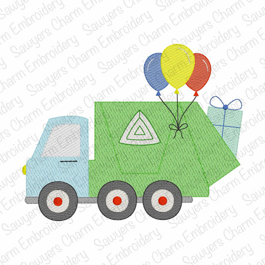 Birthday party garbage truck with balloons & gift/present sketch stitch machine embroidery design, construction, transportation city vehicle
