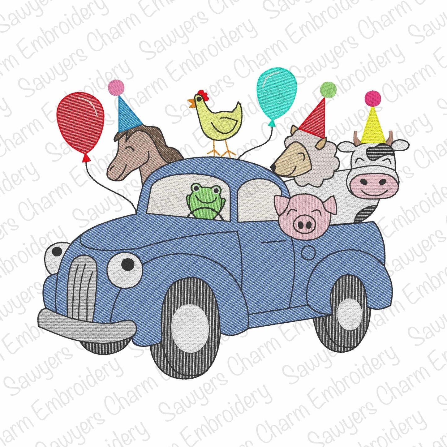 Birthday party blue truck with animals, balloons, and hats sketch stitch machine embroidery design, sheep, cow, pig, chicken, horse, farm