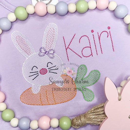 Bunny rabbit with carrot with/without bow light fill sketch stitch machine embroidery design file, Easter, spring garden, coquette