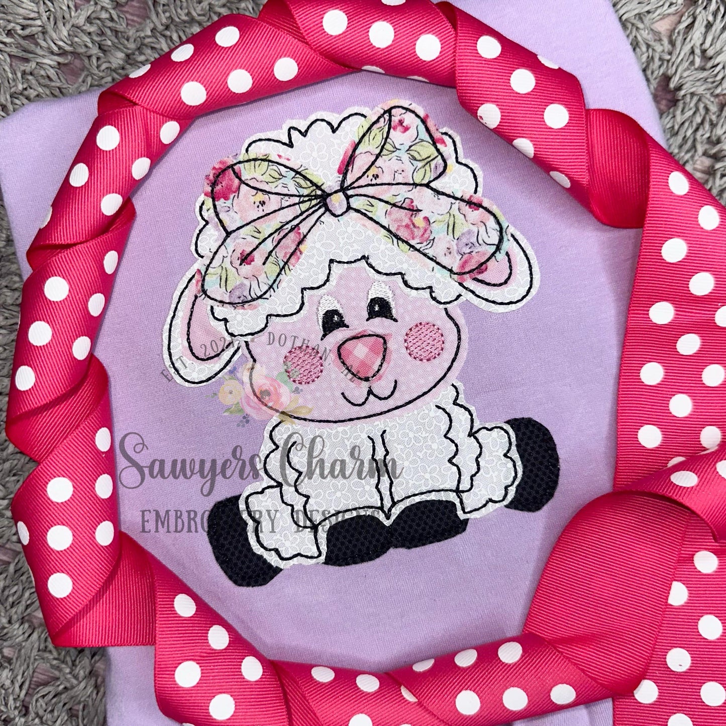 Sheep/lamb with coquette bow bean stitch machine applique embroidery design file, spring farm animal, quick stitch, Easter